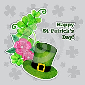 St.patrick day greeting card with hat, flowers and