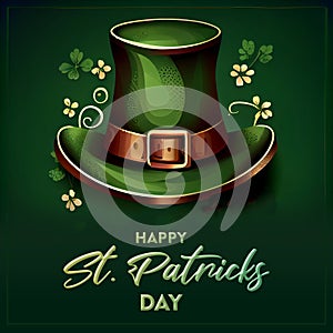 St. Patrick Day poster. Leprechaun`s hat and clover design elements with wishing lettering on green. Art illustration.