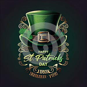 St. Patrick Day poster. Leprechaun`s hat and clover design elements with wishing lettering on green. Art illustration. Generative