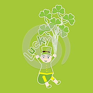 St. Patrick Day`s card with cute ant cartoon and shamrock leaves on green background