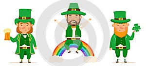 St. Patrick Day set of different characters of leprechauns in different suits. Vector Illustrations. Rainbow, pint