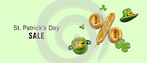 St. Patrick Day spring sale. Bright advertising poster with 3D illustration and place for text photo