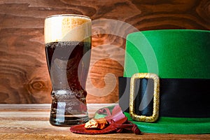St.Patrick green hat, beer glass and gold