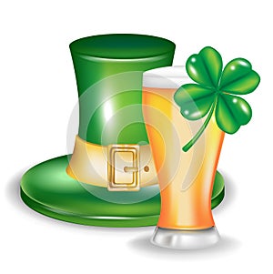 St patrick hat with glass of beer and clover