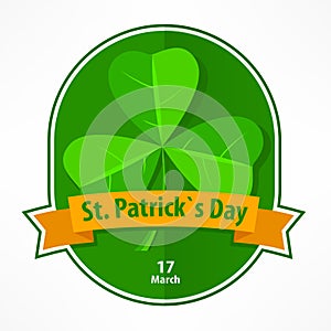 St Patrick label with shamrock and ribbon on white