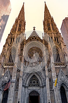 St. Patrick& x27;s Cathedral facade at Sunset. Manhattan, New York City. United States.