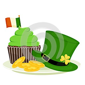 St. Patrick`s cupcake, leprechaun hat, gold coins and gold. Flat cartoon vector illustration isolated on a white background