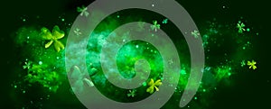 St. Patrick`s Day abstract green background decorated with shamrock leaves. Patrick Day pub party celebrating