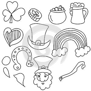 St Patrick`s day attributes doodles set, outline drawings with symbols of good luck, coloring page from simple elements