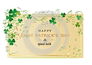 St.Patrick `s Day. Background design March 17, Twigs and curls of clover and shamrock. Horizontal poster, postcard, website