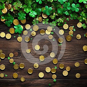 St patrick\'s day background with gold coins and shamrocks