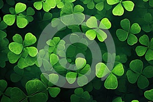 St. Patrick's Day background green clover leaf bokeh defocused.