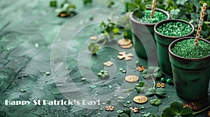 St. Patrick\'s Day background with green clover leaves, gold coins and cocktail tubes on grunge textured background