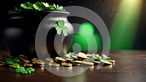 St Patrick\'s Day background , motion graphic, clover, green hat, gold coins, leprechaun hat with clover