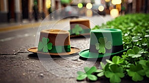 St Patrick\'s Day background , motion graphic, clover, green hat, gold coins, leprechaun hat with clover