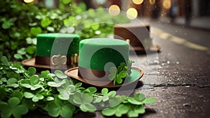 St Patrick\'s Day background , motion graphic, clover, green hat, gold coins, leprechaun hat with clover