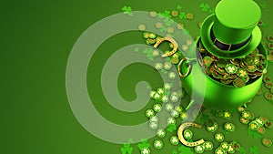 St. Patrick's Day background. Top view on green pot full of golden coins, horse shoe, leprechaun hat. Patrick day