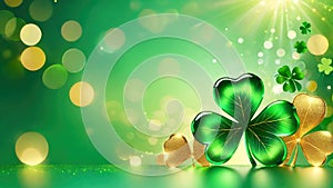 St. Patrick\'s Day banner with copy space.Clover on green bokeh background.Shamrock Irish festival symbol.