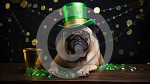 St. Patrick\'s day banner with cute pug wearing green irish elf hat, gold coins, glitter and shamrock clover leaves.