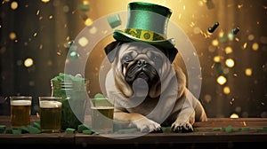 St. Patrick\'s day banner with cute pug wearing green irish elf hat, gold coins, glitter and shamrock clover leaves.