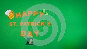 St. Patrick`s Day. Banner design on green background with HAPPY ST. PATRICKS DAY and typical decorations. Copy space