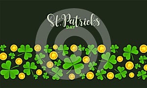 St. Patrick`s Day banner or greeting card design decorated with shamrock leaves.