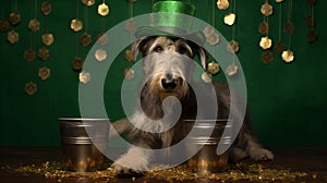 St. Patrick\'s day banner with irish wolfhound wearing green irish elf hat, gold coins, glitter and shamrock clover leaves.