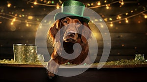 St. Patrick\'s day banner with lovely Irish setter wearing green irish elf hat by pint of green beer