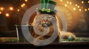 St. Patrick\'s day banner with mainecoon cat wearing green irish elf hat, gold coins, glitter and shamrock clover leaves.