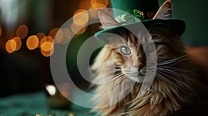 St. Patrick\'s day banner with mainecoon cat wearing green irish elf hat, gold coins, glitter and shamrock clover leaves.