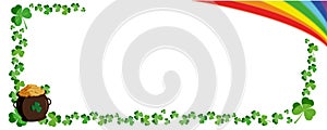 St. Patrick\'s Day banner template. Vector template with place for text with rainbow, pot of gold and shamrock frame