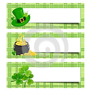 St. Patrick's day banners with shamrock, pot of gold and leprechaun hat. Vector eps-10.