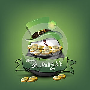 St. Patrick`s day. Baseball ball in pot with gold