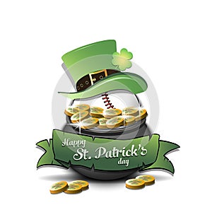 St. Patrick`s day. Baseball ball in pot with gold