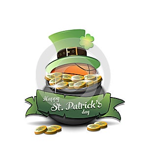 St. Patrick`s day. Basketball ball in pot with gold