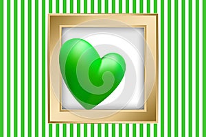 St Patrick`s day card. Big green heart and golden frame. Vector illustration for Saint Patrick Day Greeting Card