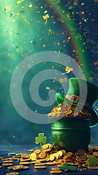 St. Patrick's Day card with leprechaun treasure and pot of gold coins, green hat and shamrock.