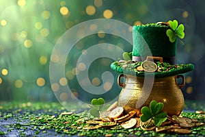 St. Patrick's Day card with leprechaun treasure and pot of gold coins, green hat and shamrock.