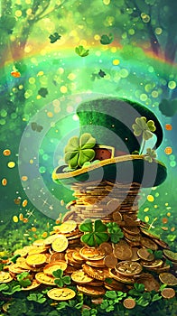 St. Patrick's Day card with leprechaun treasure and pot of gold coins, green hat and shamrock.