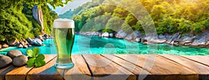 St. Patrick's Day Celebration with a Chilled Beer. Tropical paradise, a cold glass of beer rests on a wooden table