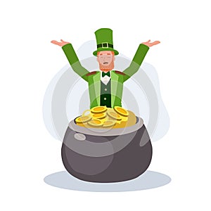 St Patrick's Day Celebration. man in Leprechaun Costume is jumping out from gold pot