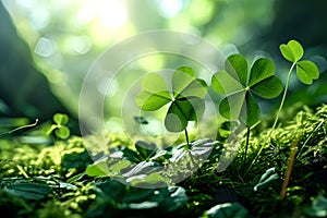 St.Patrick \'s Day. clover leaves in the forest. close-up.