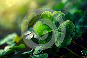 St.Patrick \'s Day. clover leaves in the forest. close-up.