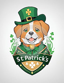 St.Patrick 's Day. Concept. Beautiful dog in a green hat with a golden clover pattern on a white background.