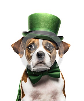 St Patrick's Day concept. Funny dog wearing leprechauns hat lookinh at camera ion white background. Generative AI