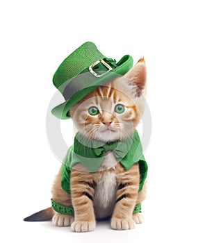 St Patrick's Day concept. Funny kitten wearing leprechauns hat lookinh at camera on white background. Generative AI