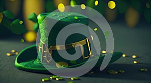St. Patrick\'s Day Concept, Leprechaun Hat, clover leaves and Gold Coins with Bokeh Background - Generative AI