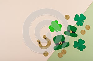 St. Patrick's Day concept with leprechaun hat, gold coins and horseshoe