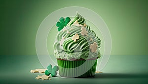 St. Patrick\'s day cupcake on green with three-leaved shamrocks (four leaf clove) on top generative AI