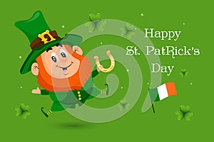 St. Patrick's Day, cute leprechaun with golden horseshoe, shamrock leaves. Illustration, postcard, banner